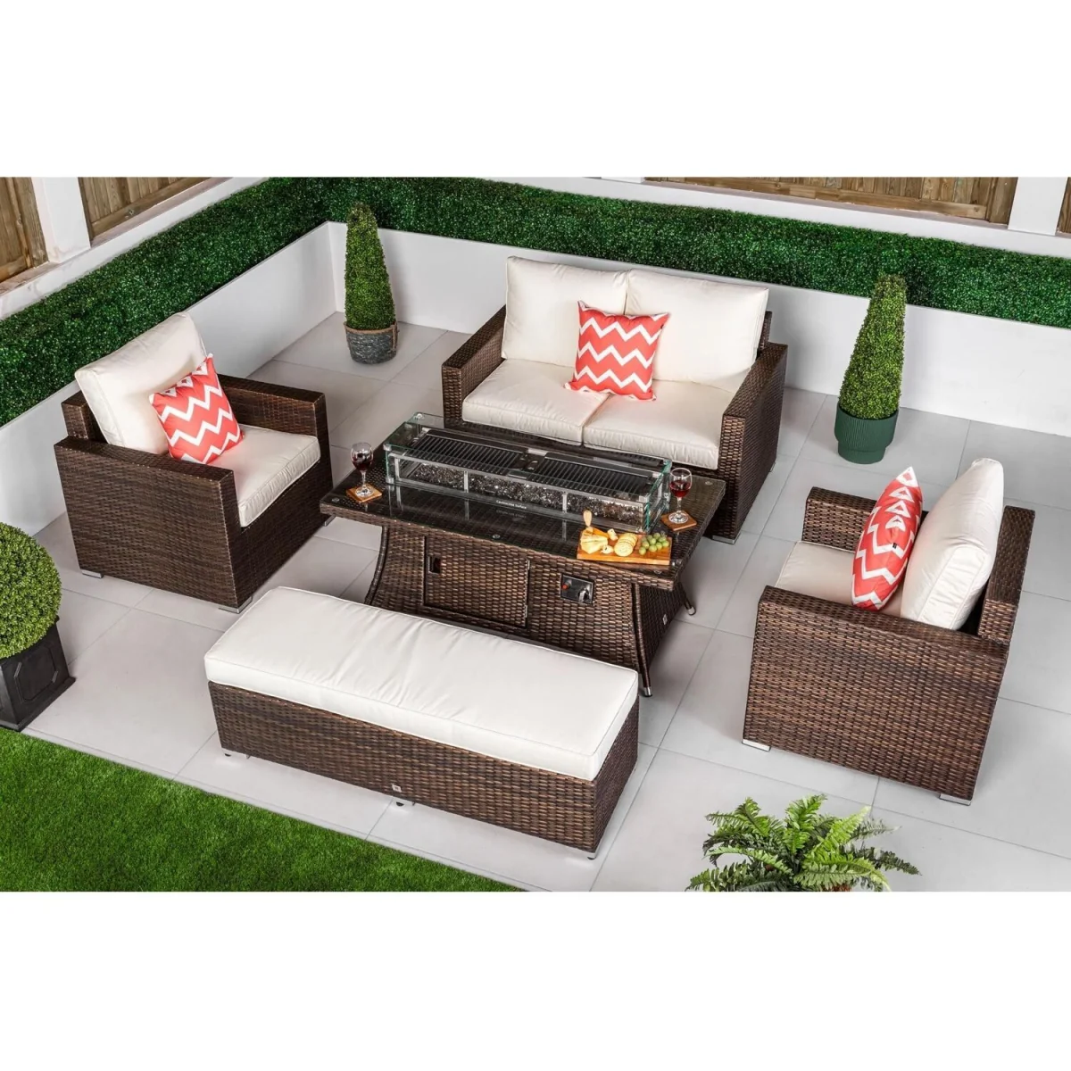 Sydney Garden Sofa Loveseat + 2 Arm Chairs & Fire Pit Table Set - Brown – image 3