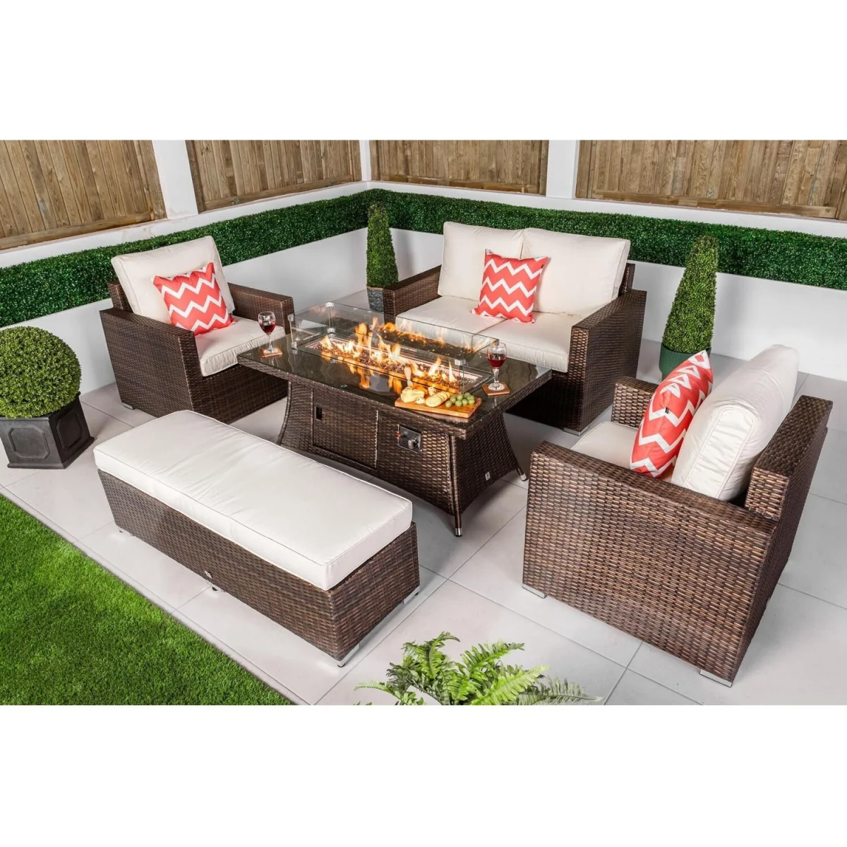 Sydney Garden Sofa Loveseat + 2 Arm Chairs & Fire Pit Table Set - Brown – image 4