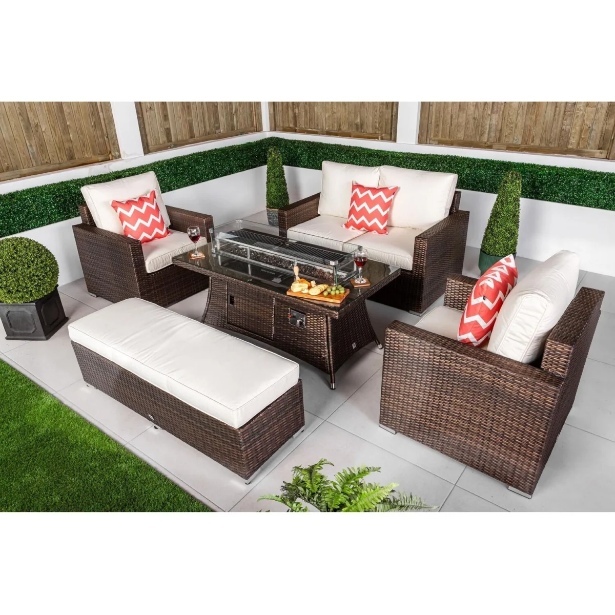 Sydney Garden Sofa Loveseat + 2 Arm Chairs & Fire Pit Table Set - Brown – image 5