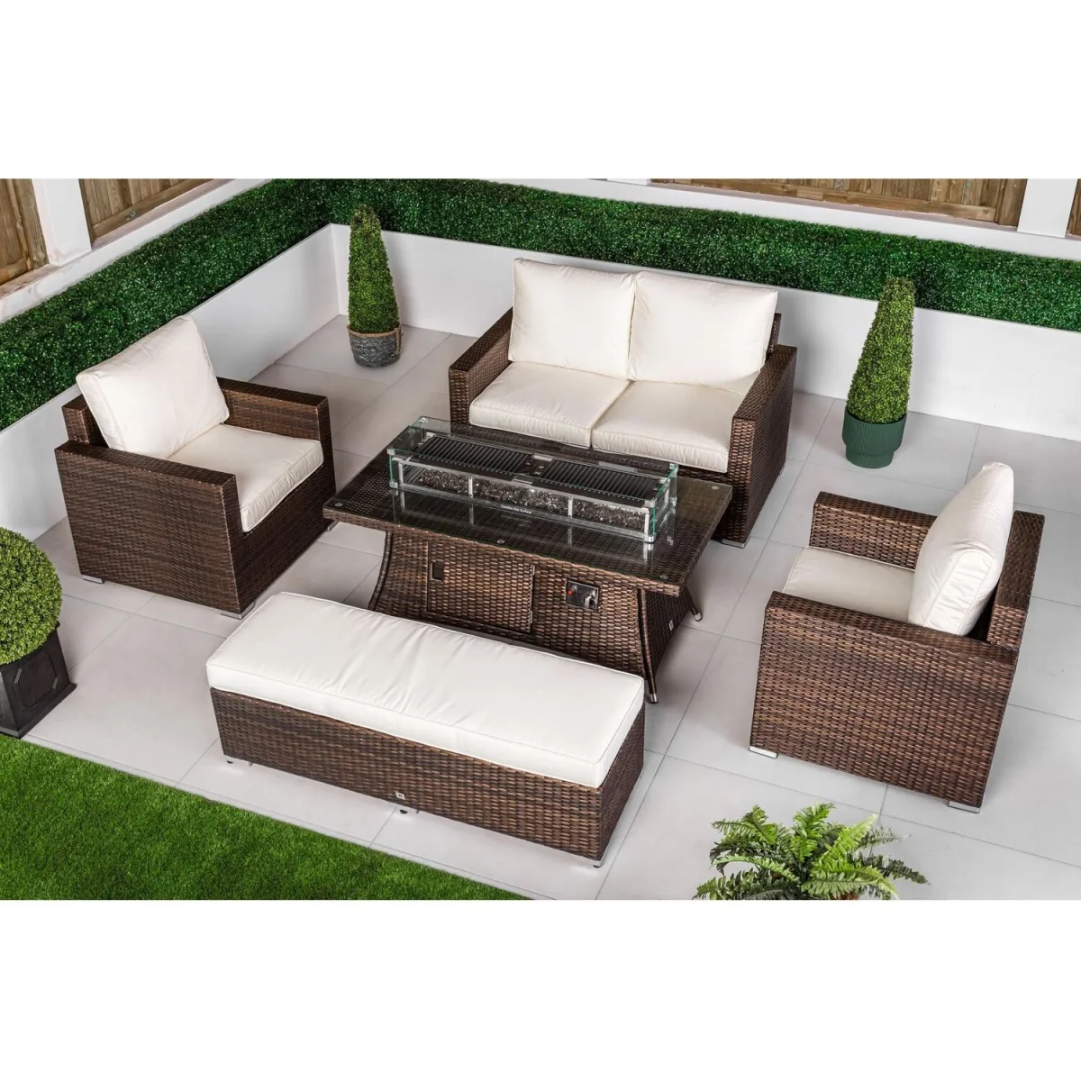 Sydney Garden Sofa Loveseat + 2 Arm Chairs & Fire Pit Table Set - Brown – image 6