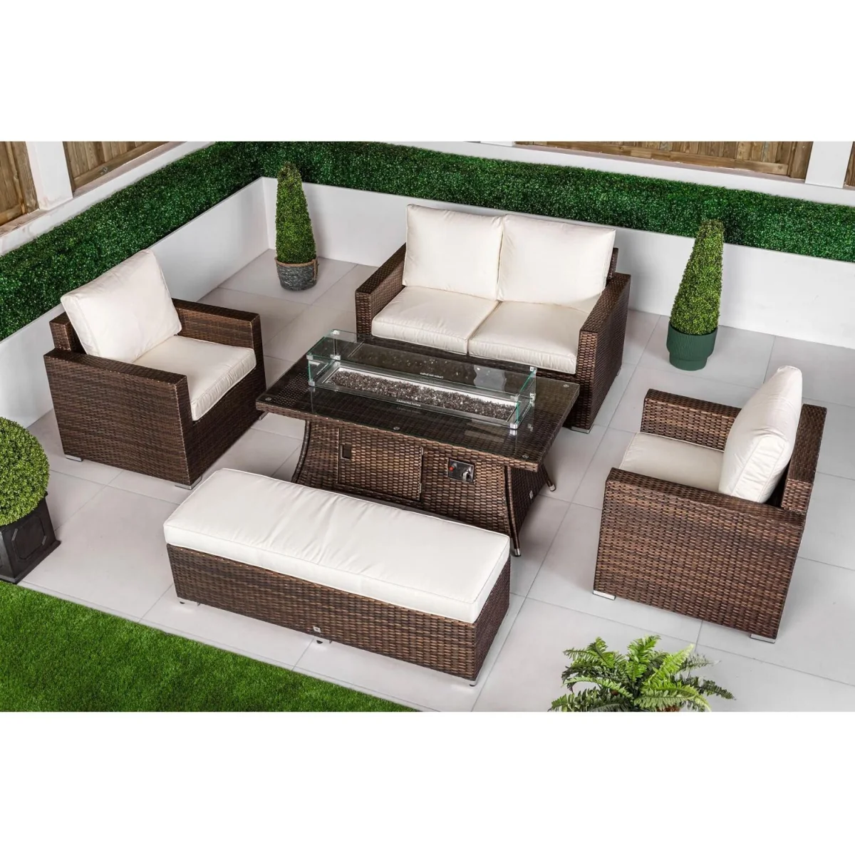 Sydney Garden Sofa Loveseat + 2 Arm Chairs & Fire Pit Table Set - Brown – image 7