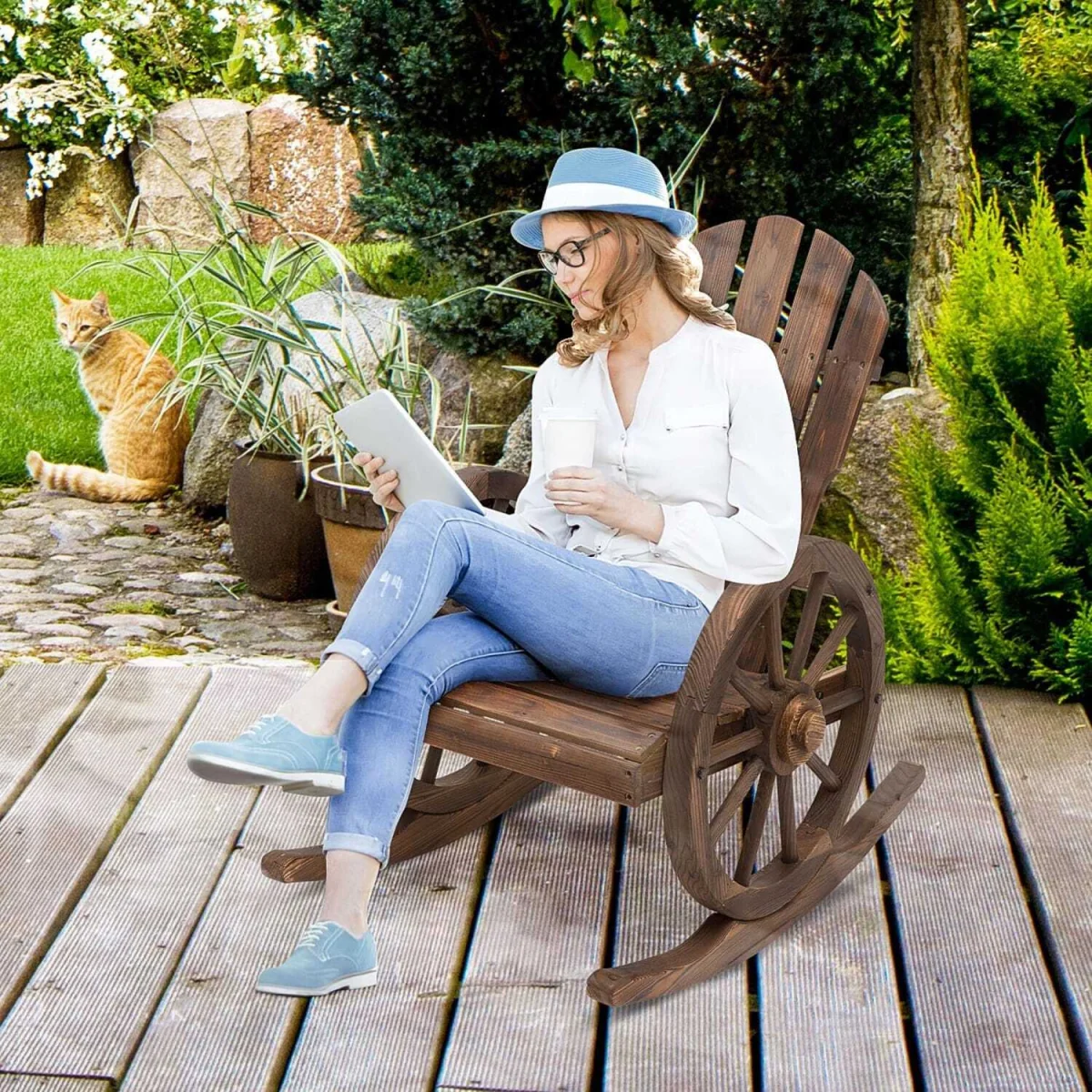 Elna Dark Favi Wood Adirondack-Style Outdoor Rocking Armchair, Carbonized Finish – image 4