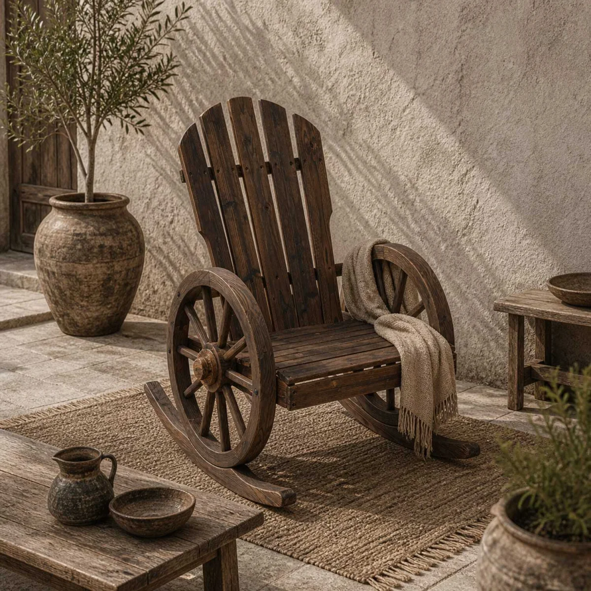 Elna Dark Favi Wood Adirondack-Style Outdoor Rocking Armchair, Carbonized Finish – image 1