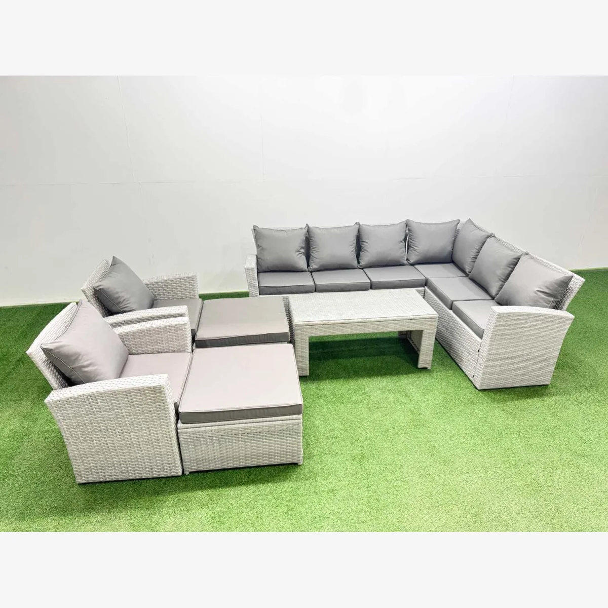 Fimous 7-piece rattan garden set 2 x 3-seat sofas, 2 chairs, oblong glass table - Light Grey Mixed rattan with dark grey fabric – image 1