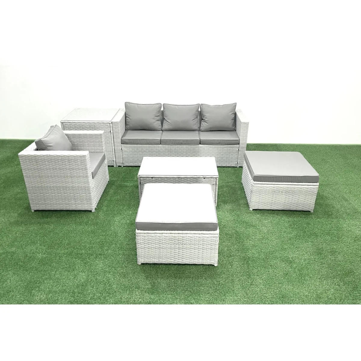 Fimous 6-Piece Light Grey Mixed Rattan Garden Sofa and Chair Set with Tables. - Light grey mixed rattan with dark grey fabric – image 5