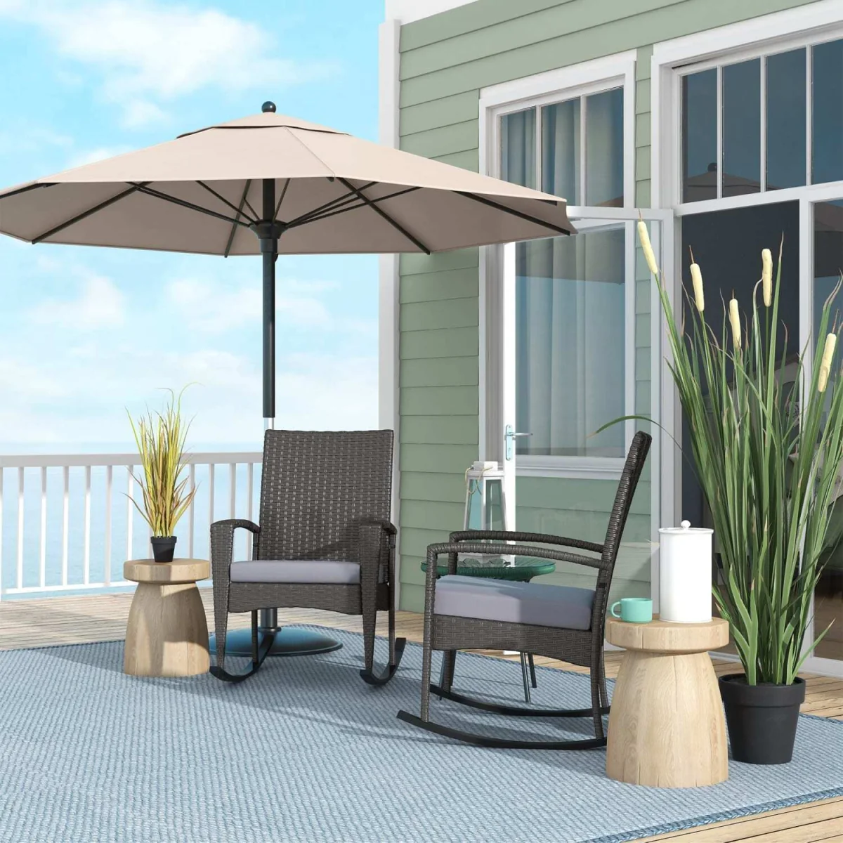 Lora Set of 2 Grey Rattan Outdoor Rocking Chairs with Cushions – image 4