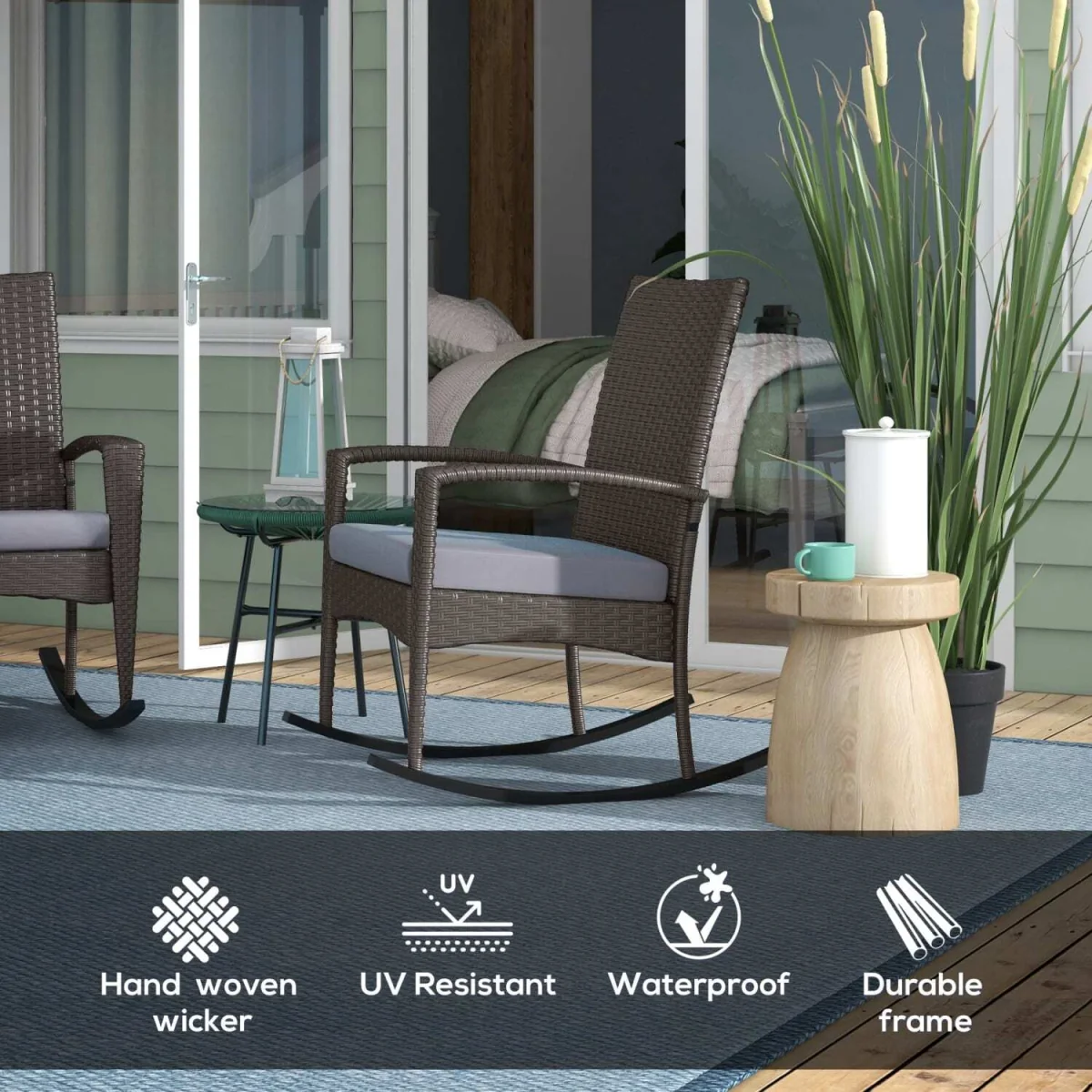 Lora Set of 2 Grey Rattan Outdoor Rocking Chairs with Cushions – image 6