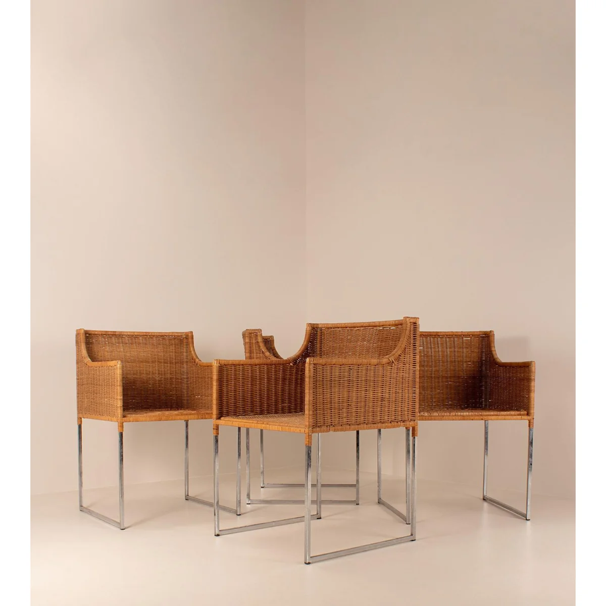 Vintage Mid Century Chairs, Wicker and Chrome, Set of Four – image 2