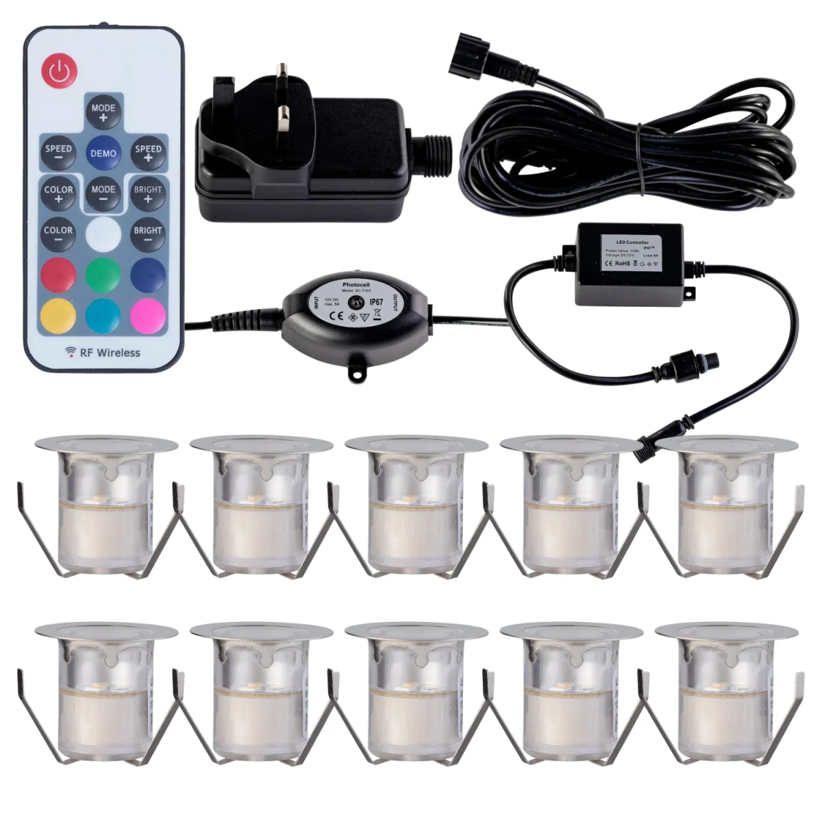 Set Of 10 30mm Ip67 Colour Changing Led Decking Kit With Photocell - Chrome & Clear – image 2