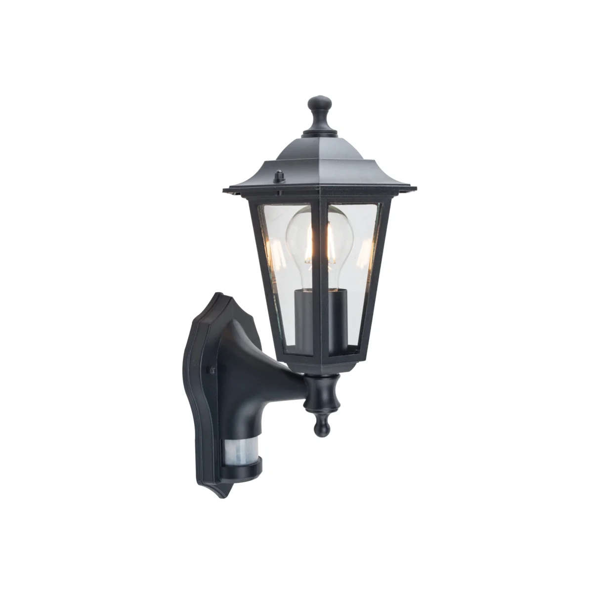 Black Six Sided Lantern Motion Sensor Outdoor Security Wall Light - Black & Clear – image 1