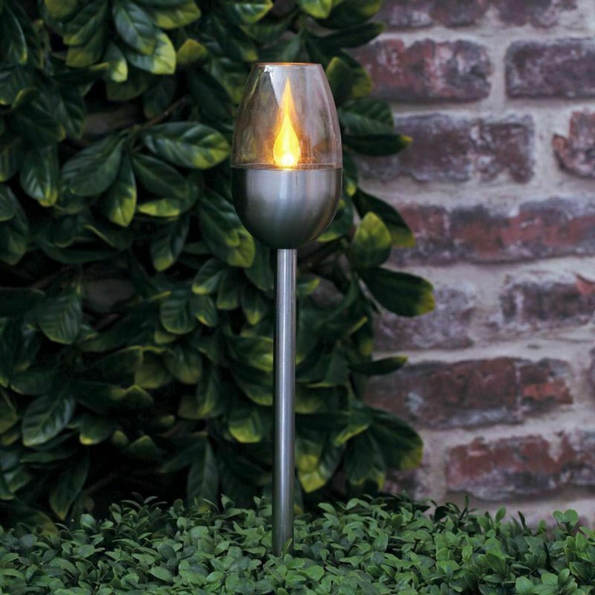 Set of 4 Solar Powered Flame Effect Stake Lights - Silver