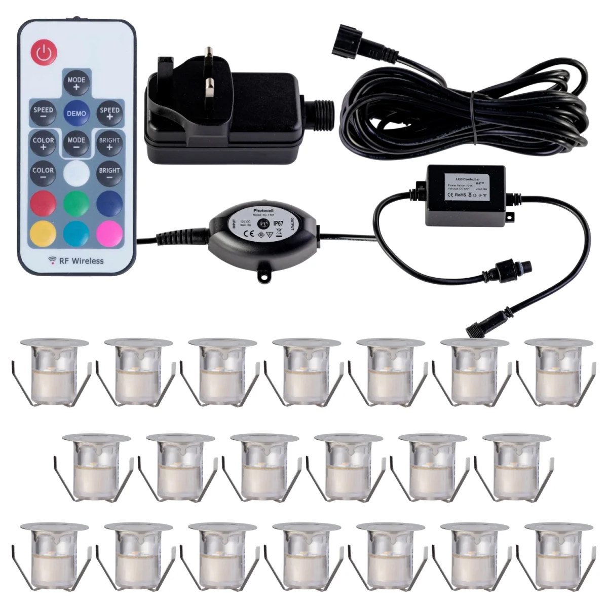 Set Of 20 30mm Ip67 Colour Changing Led Decking Kit With Photocell - Chrome & Clear – image 2