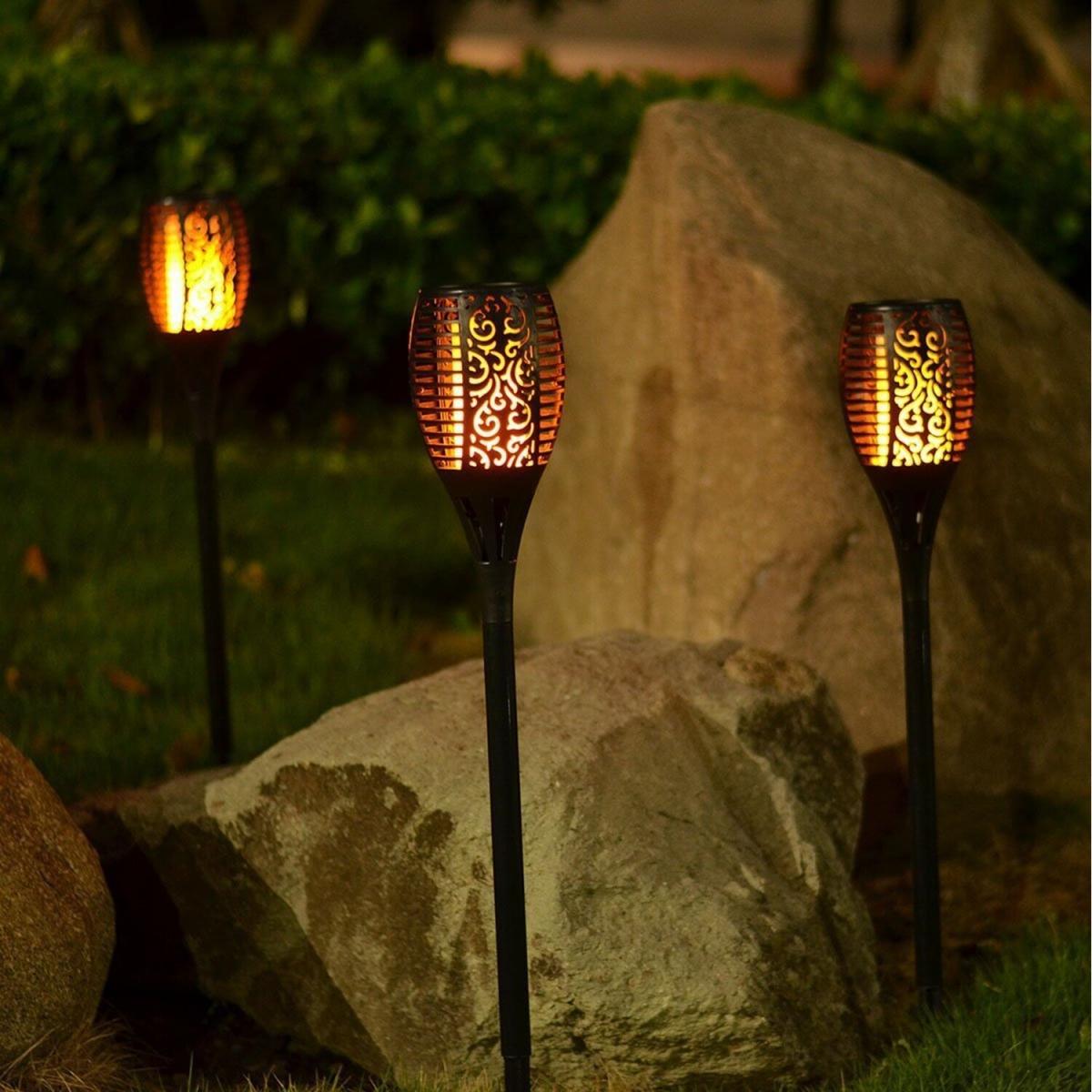 96 LED Solar Power Flickering Flame Torch Stake Lights - Black / 2