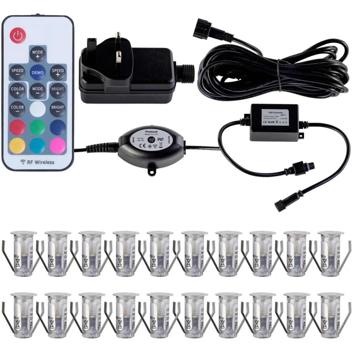 Set Of 20 15mm Ip67 Colour Changing Led Decking Kit With Photocell - Chrome & Clear – image 2