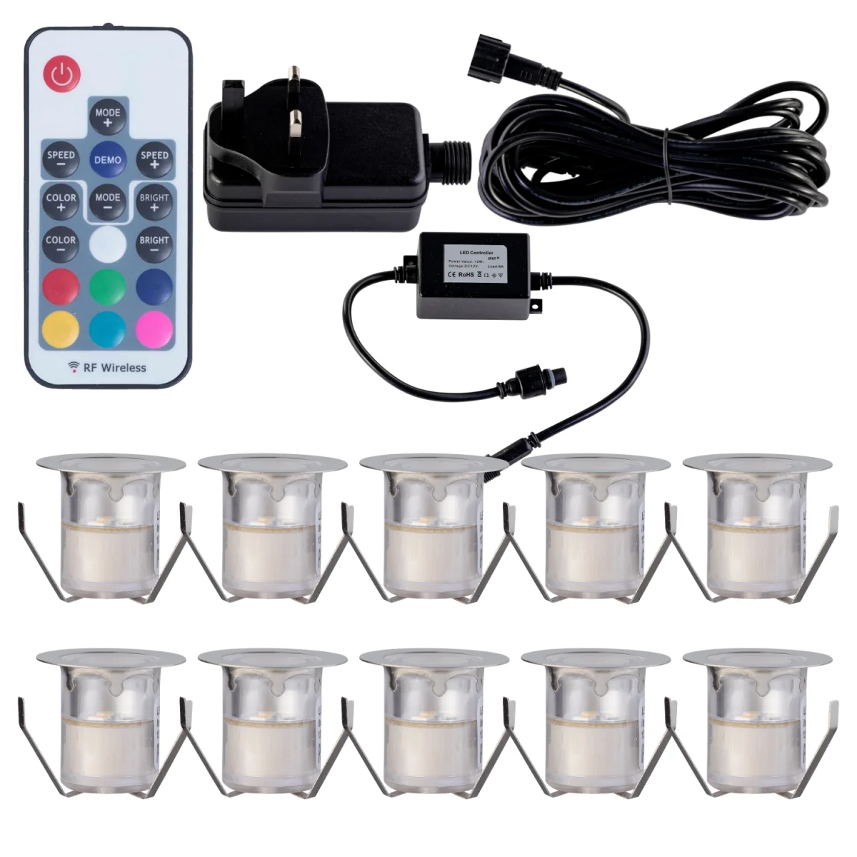 Set Of 10 30mm Stainless Steel Ip67 Colour Changing Led Decking Kit - Chrome & Clear – image 2