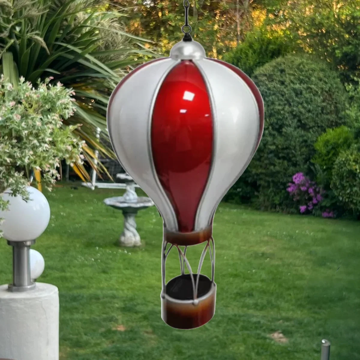 Red and White Solar Hot Air Balloon Outdoor Hanging LED Light for Garden Patio - Red / 14.0cm – image 1