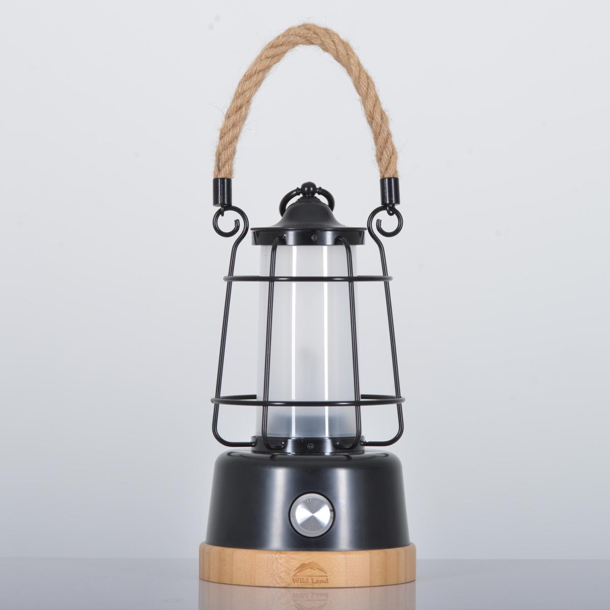 12W Portable Rechargeable LED Lantern with Hemp Rope Handle - Black – image 1