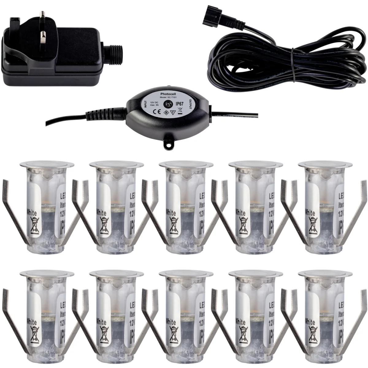 Set Of 10 15mm Ip67 Cool White Led Decking Kit With Photocell - Chrome & Clear – image 2