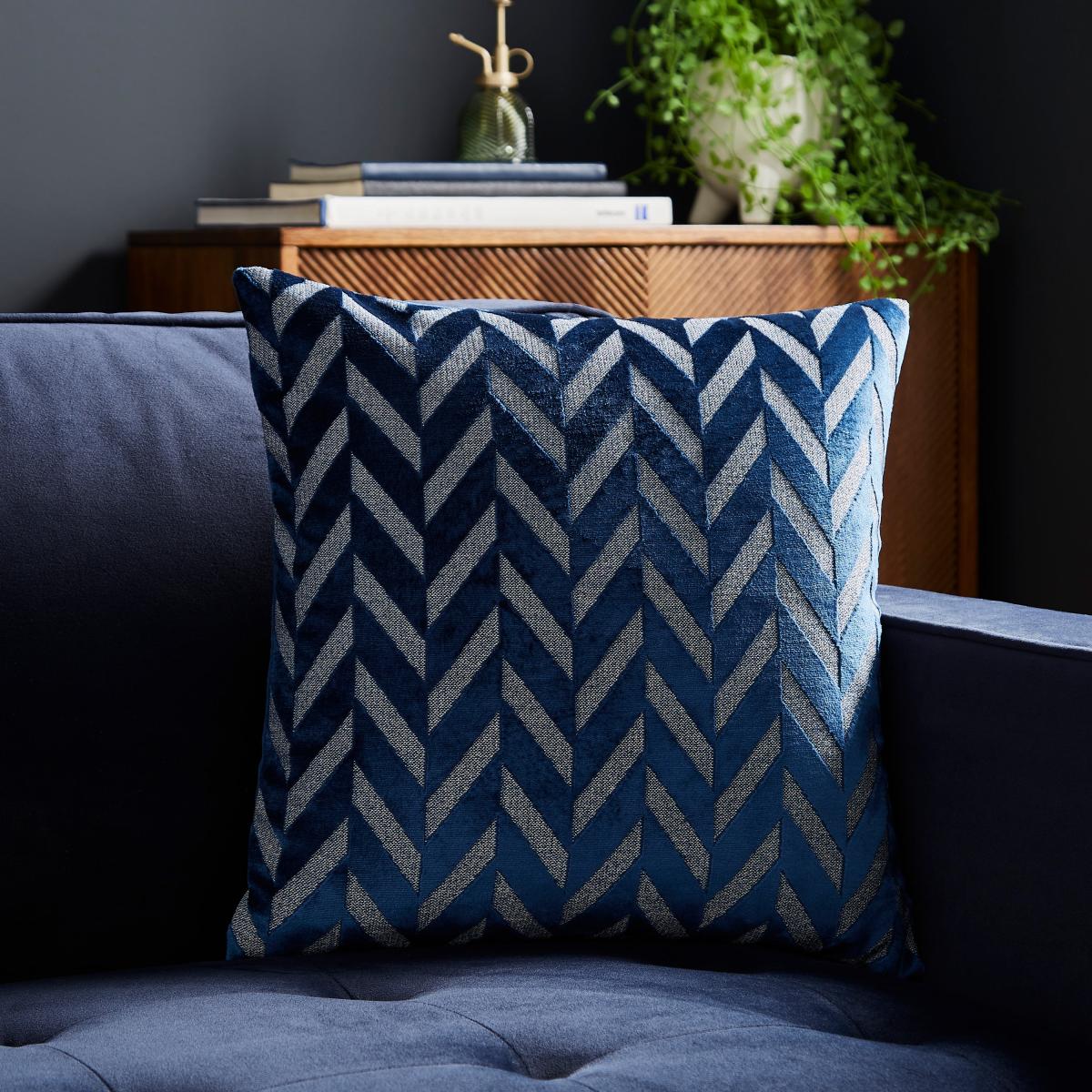 Cut Velvet Chevron Cushion Cover Navy – image 1
