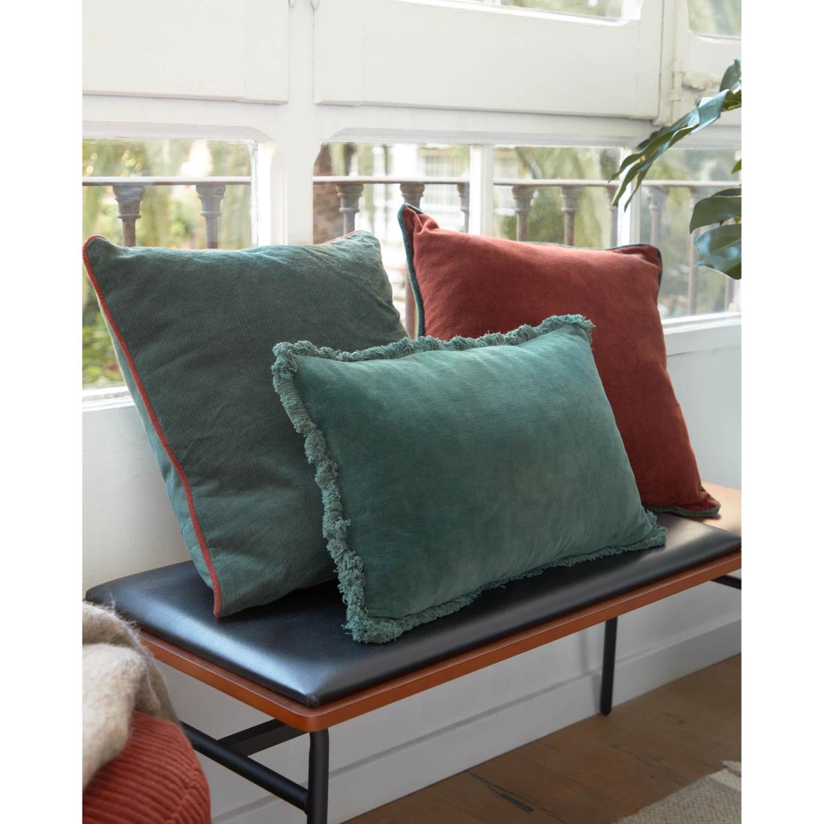 Kelaia 100% cotton cushion cover in green cord with orange border, 45 x 45 cm – image 2