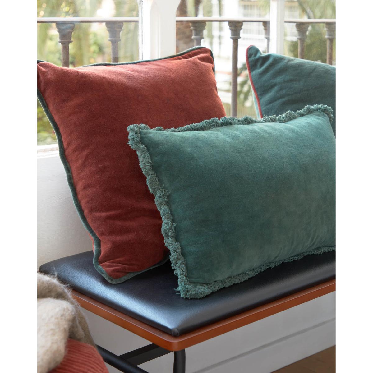 Kelaia 100% cotton cushion cover in green cord with orange border, 45 x 45 cm – image 4