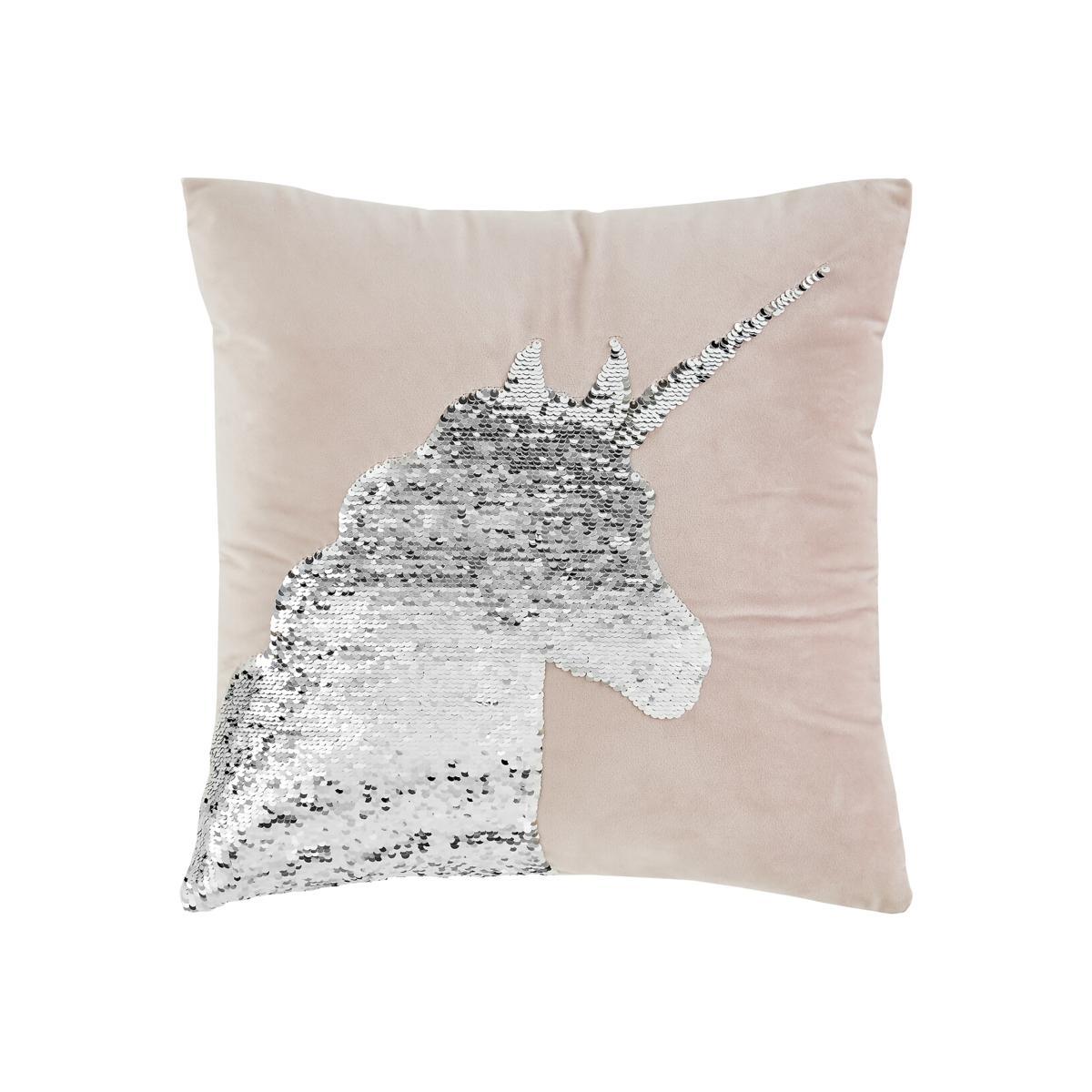 Sequin Unicorn Pink Velvet Filled Cushion 43x43cm – image 1