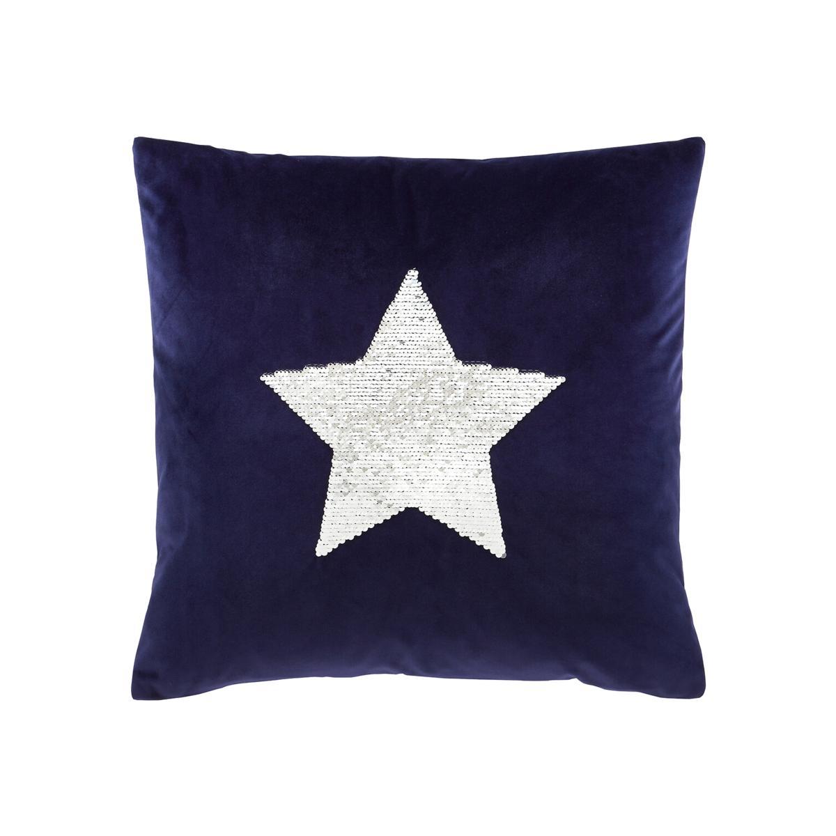 Sequin Star Navy Velvet Filled Cushion 43x43cm – image 1