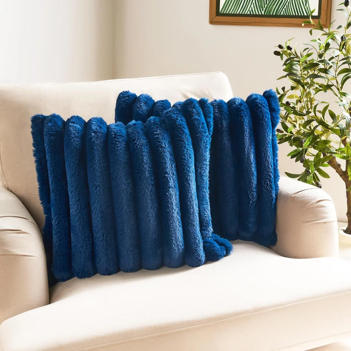 OHS Jumbo Faux Fur Rib Cushion Covers - Navy / Machine Washable at 30°C – image 2