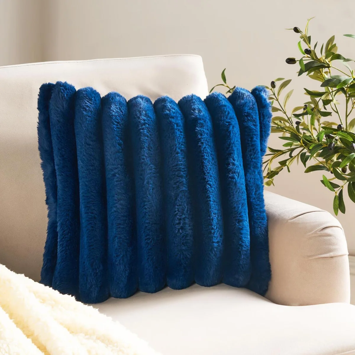 OHS Jumbo Faux Fur Rib Cushion Covers - Navy / Machine Washable at 30°C – image 3