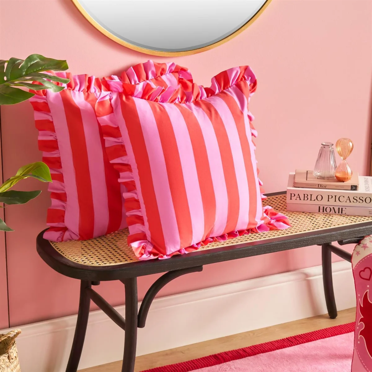 OHS Striped Frill Cushion Covers - Red/Pink / Machine washable at 30°C. Tumble dry friendly. Do not bleach or iron. – image 2
