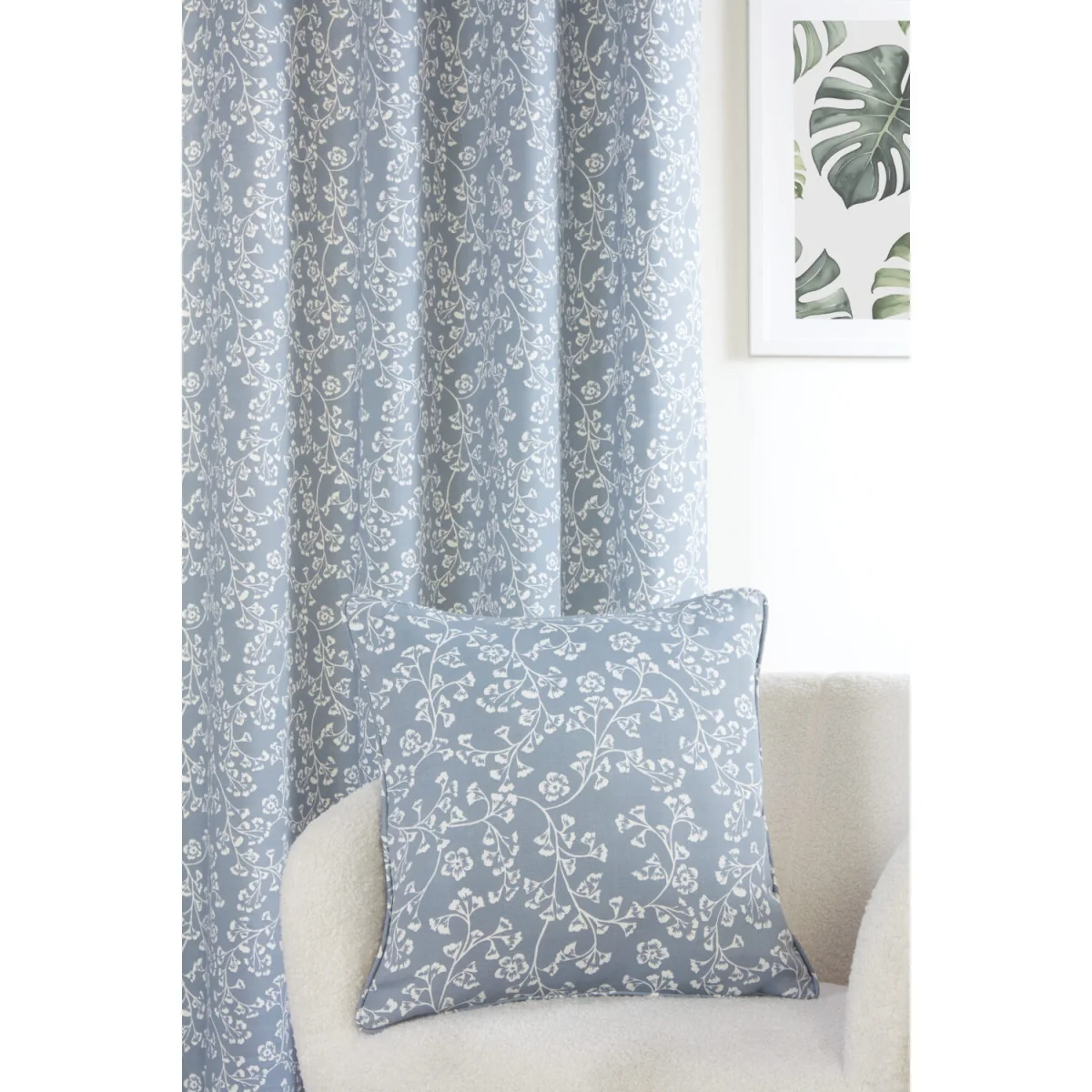 Sade - Fully Lined Floral Eyelet Curtains and Filled Cushion Cover - Polycotton - Green - Blue – image 4