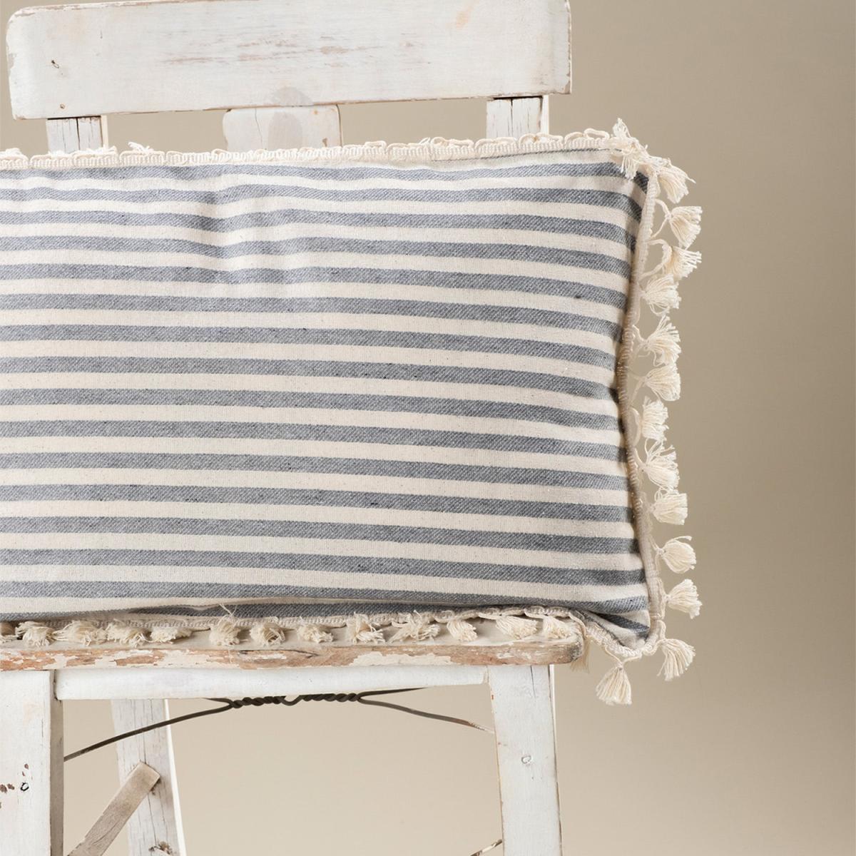 Sera Special Design Striped Linen Cushion Covers with Pompom - White - Claret Red – image 2