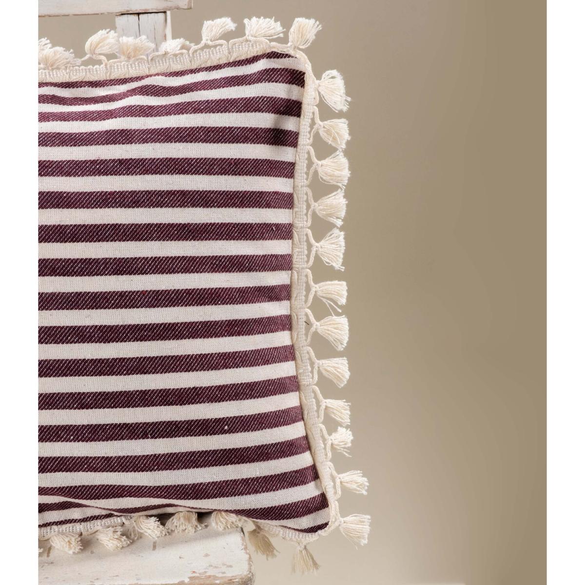 Sera Special Design Striped Linen Cushion Covers with Pompom - White - Claret Red – image 12
