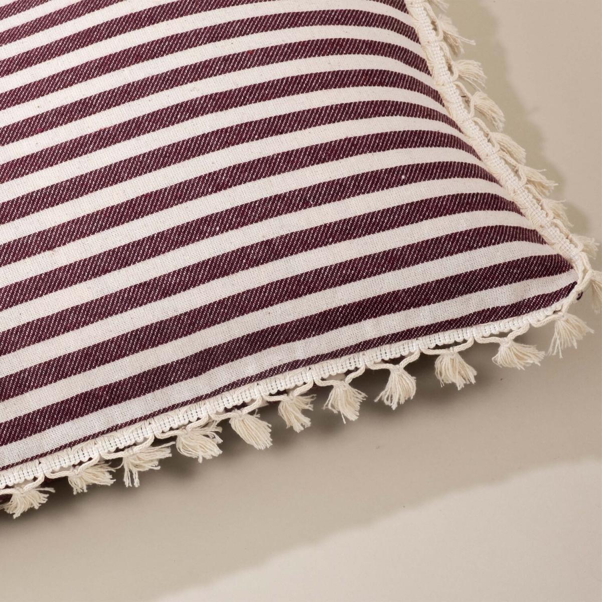 Sera Special Design Striped Linen Cushion Covers with Pompom - White - Claret Red – image 13