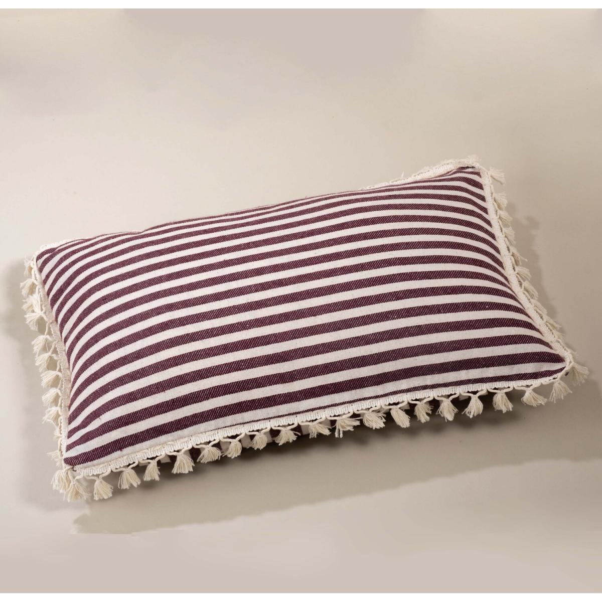 Sera Special Design Striped Linen Cushion Covers with Pompom - White - Claret Red – image 14