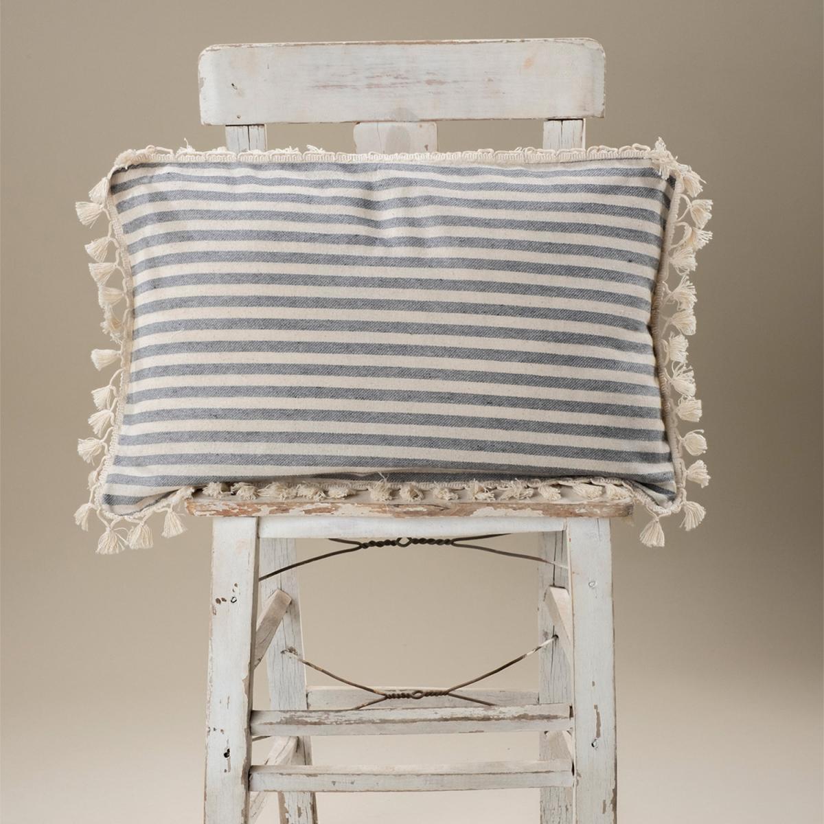 Sera Special Design Striped Linen Cushion Covers with Pompom - White - Claret Red – image 3