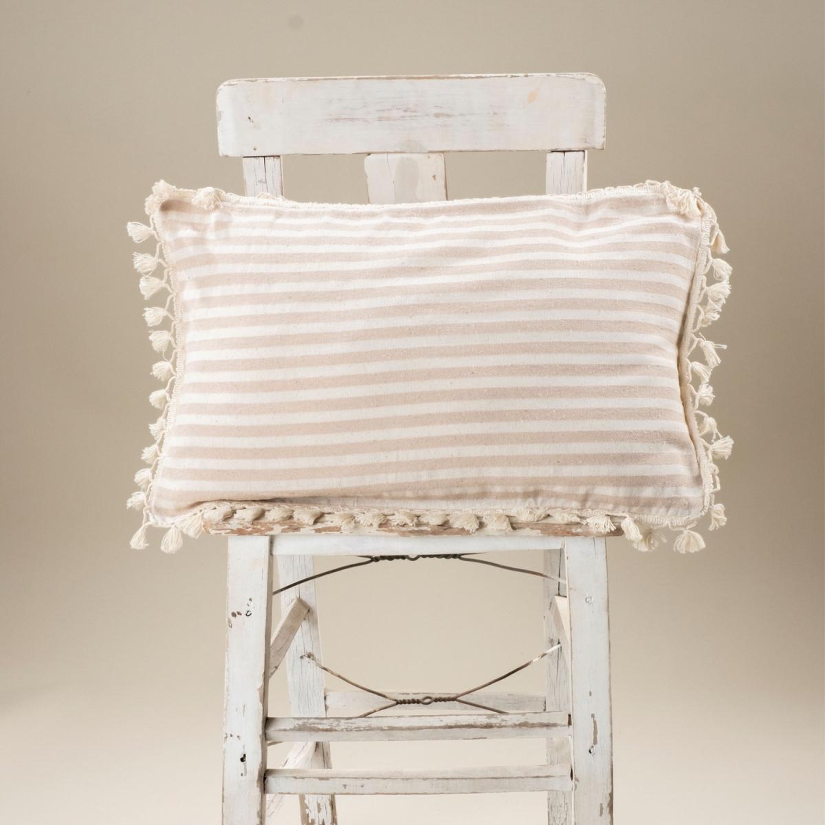 Sera Special Design Striped Linen Cushion Covers with Pompom - White - Claret Red – image 7