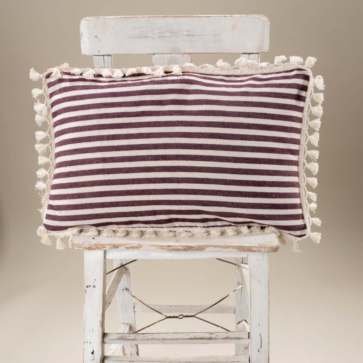 Sera Special Design Striped Linen Cushion Covers with Pompom - White - Claret Red – image 1