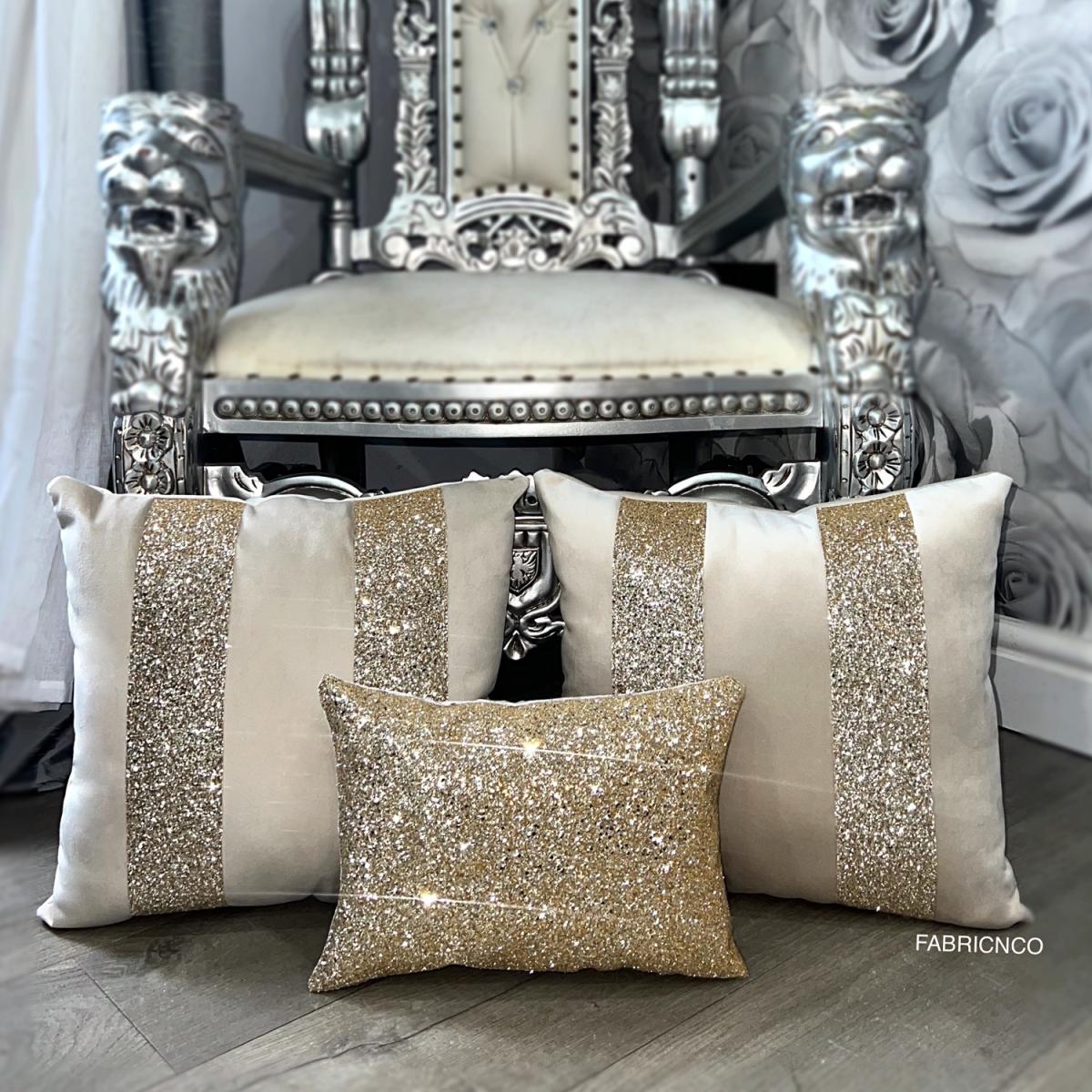 Champagne and Gold Plush Velvet Glitter Cushion Cover Set - Champagne