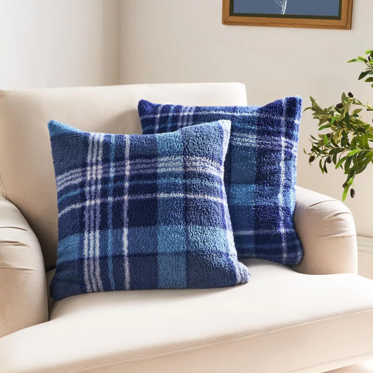 OHS Winter Check Teddy Cushion Covers - Navy – image 2