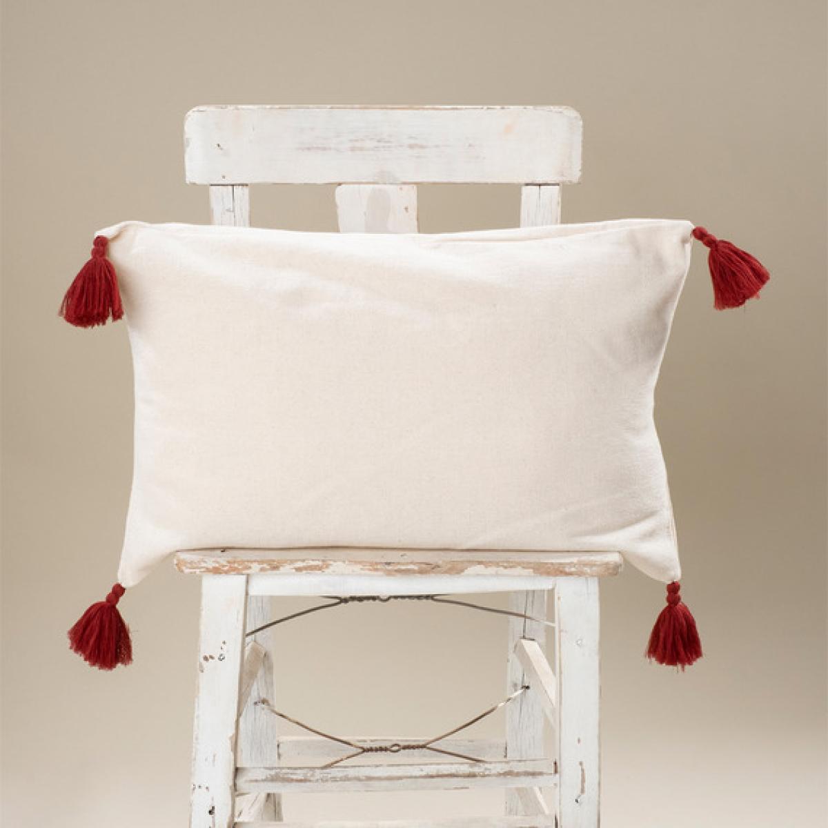 Din Special Design Single Raw Linen Tasseled Cushion Covers - White - Claret Red