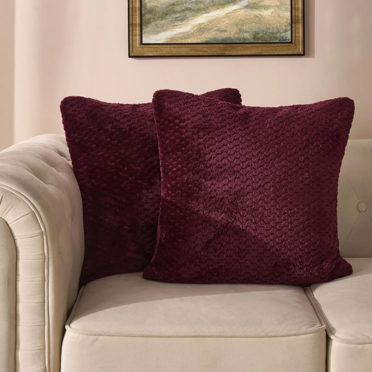 OHS Waffle Fleece Cushion Covers - Burgundy / Machine washable at 40°C. Tumble dry friendly. Do not bleach or iron. – image 2