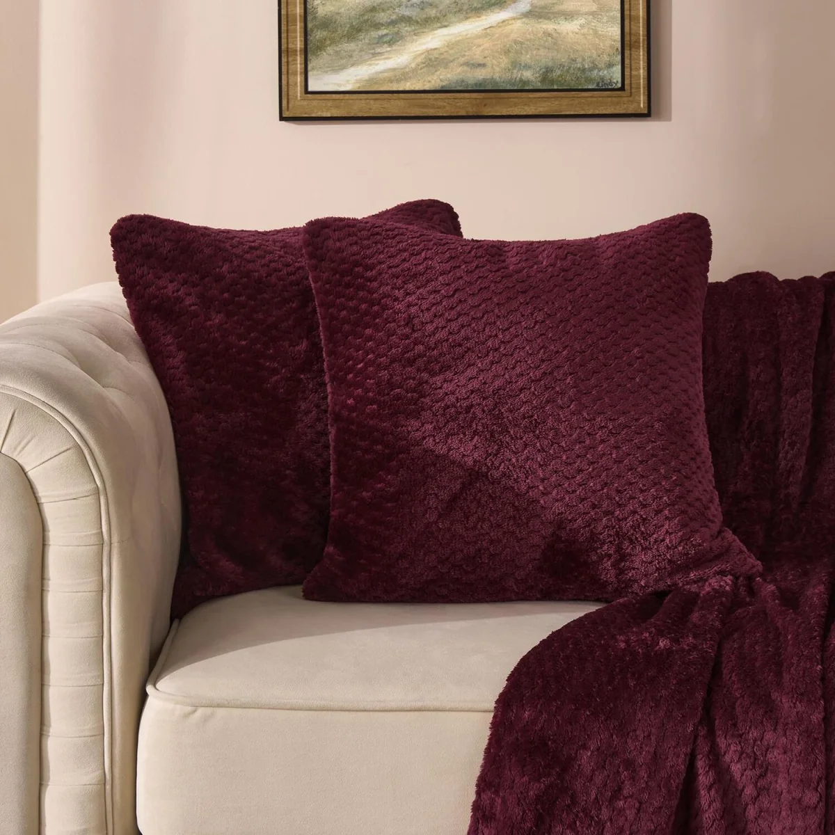 OHS Waffle Fleece Cushion Covers - Burgundy / Machine washable at 40°C. Tumble dry friendly. Do not bleach or iron. – image 3