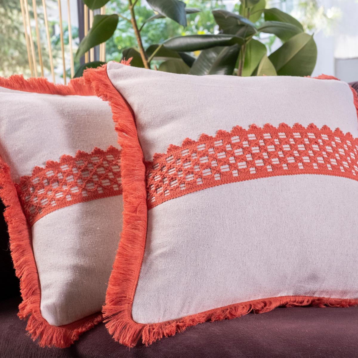 Ren Single Special Design Tasseled and Lace Embroided Linen Cushion Covers - White - Bricked Red – image 2