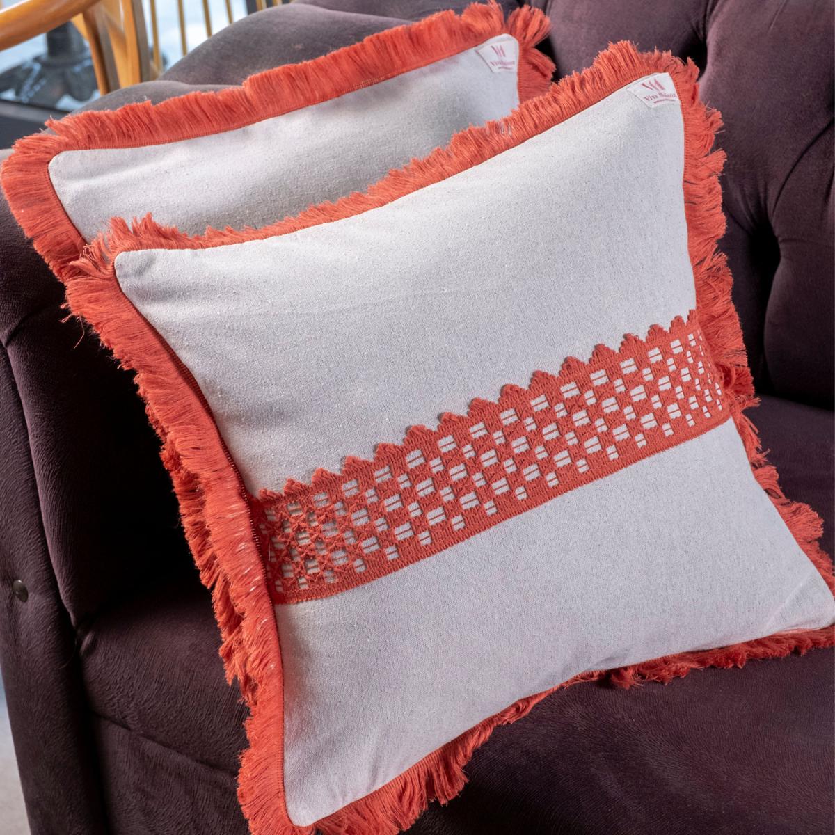 Ren Single Special Design Tasseled and Lace Embroided Linen Cushion Covers - White - Bricked Red – image 3