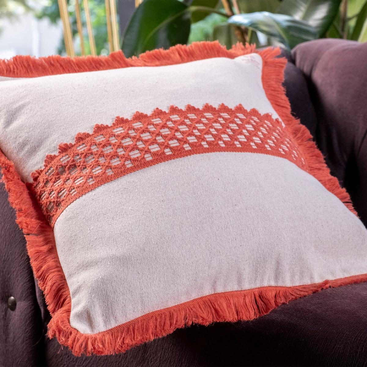 Ren Single Special Design Tasseled and Lace Embroided Linen Cushion Covers - White - Bricked Red – image 4