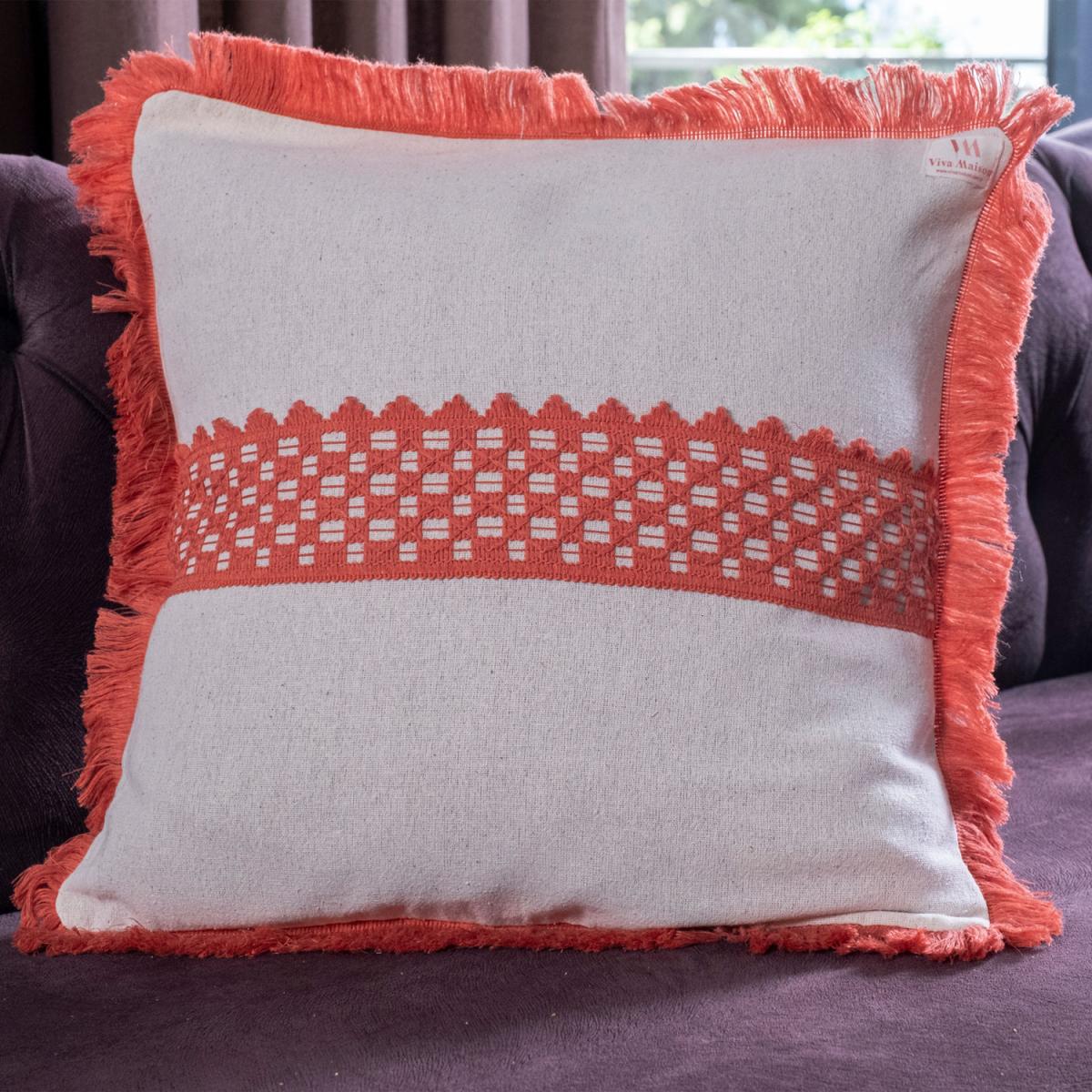 Ren Single Special Design Tasseled and Lace Embroided Linen Cushion Covers - White - Bricked Red – image 1