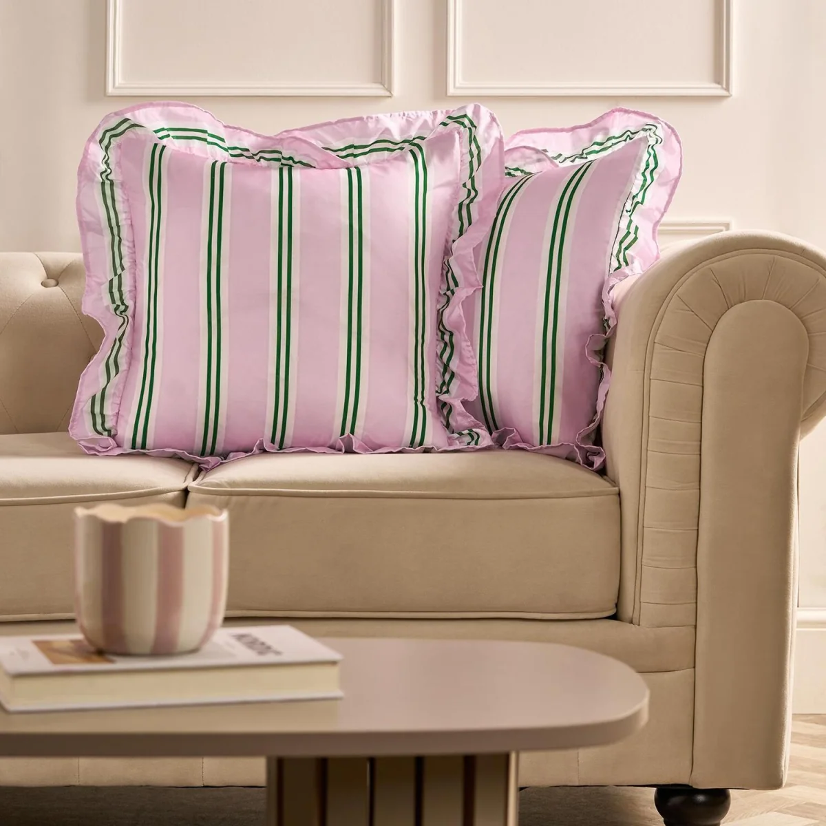 OHS Striped Frill Cushion Covers - Pink/Green / Machine washable at 30°C. Tumble dry friendly. Do not bleach or iron. – image 2