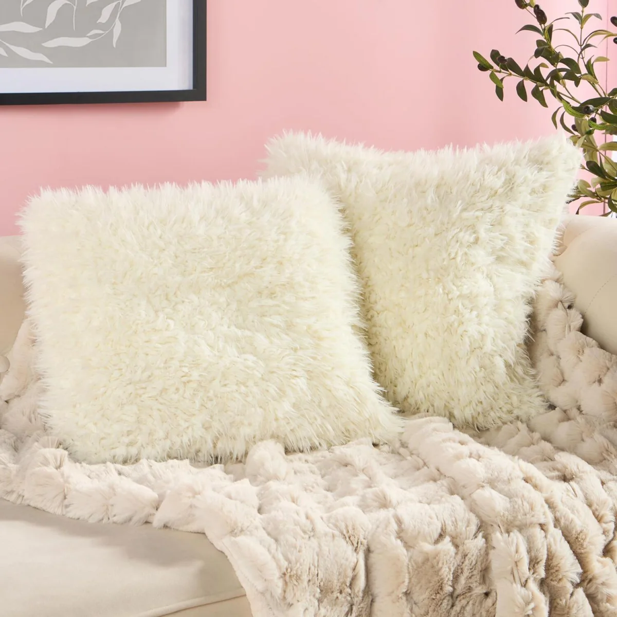 OHS Sofia Faux Fur Cushion Covers - Cream – image 2