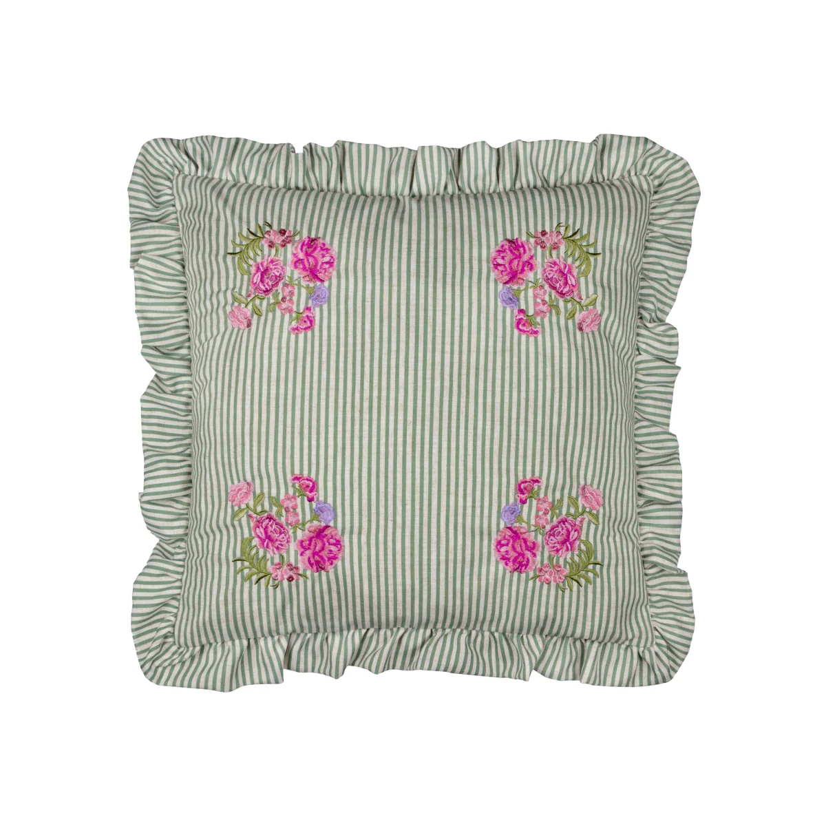 Martha Ruffle Embroidered Cushion Cover - Sage
